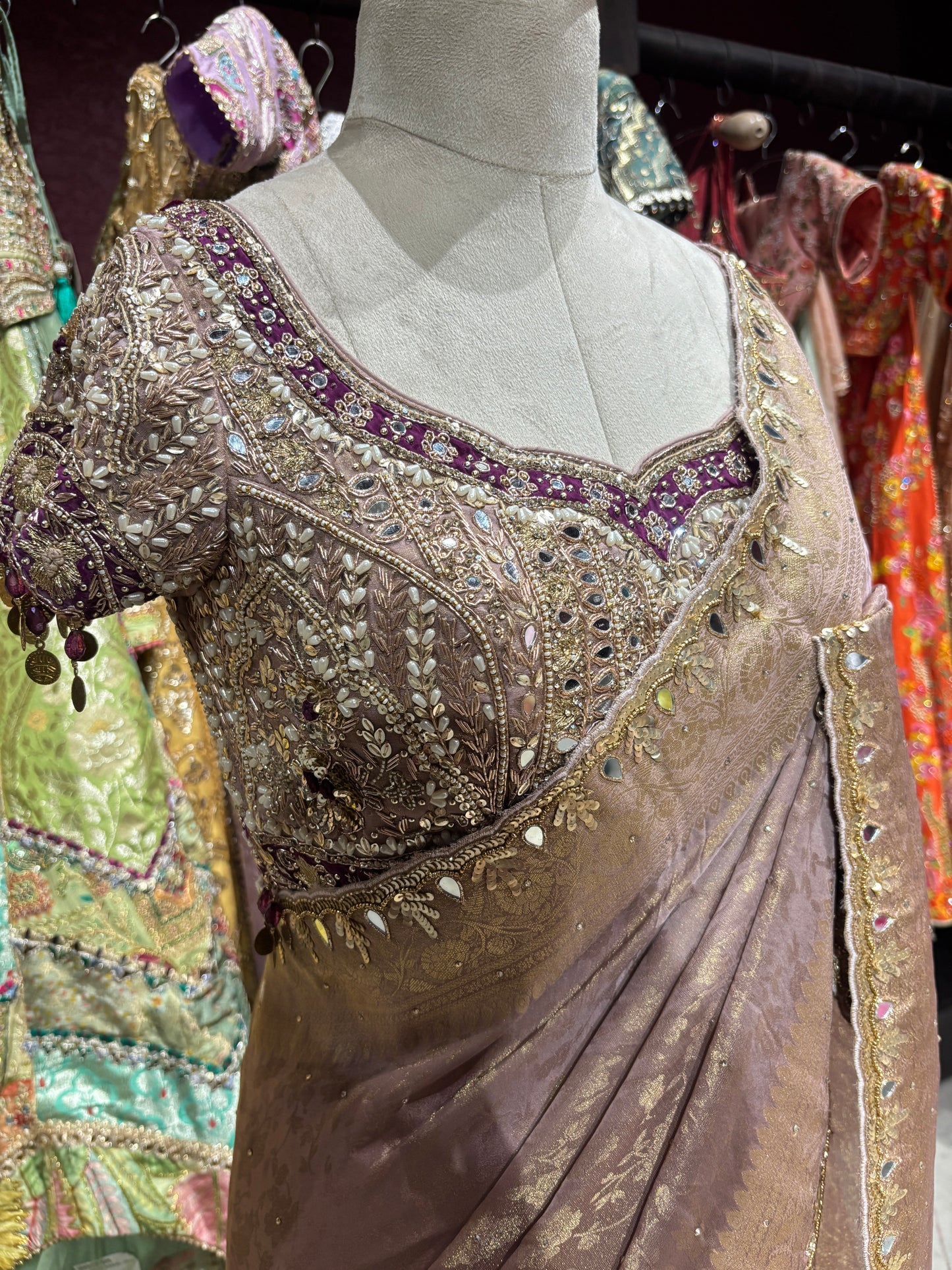 Lavender Designer Blouse Saree with Golden Embroidered Border