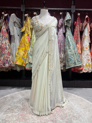 Designer Cream Saree with Mirror Work Blouse