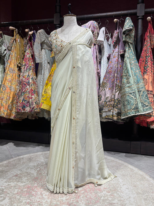 Designer Cream Saree with Mirror Work Blouse