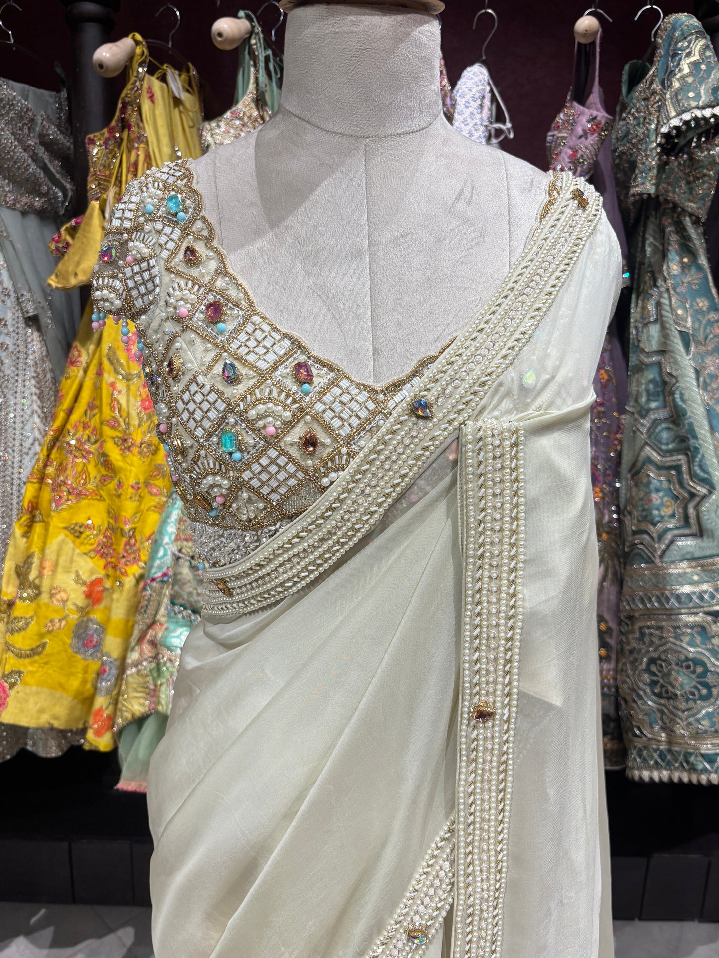 Designer Cream Saree with Mirror Work Blouse