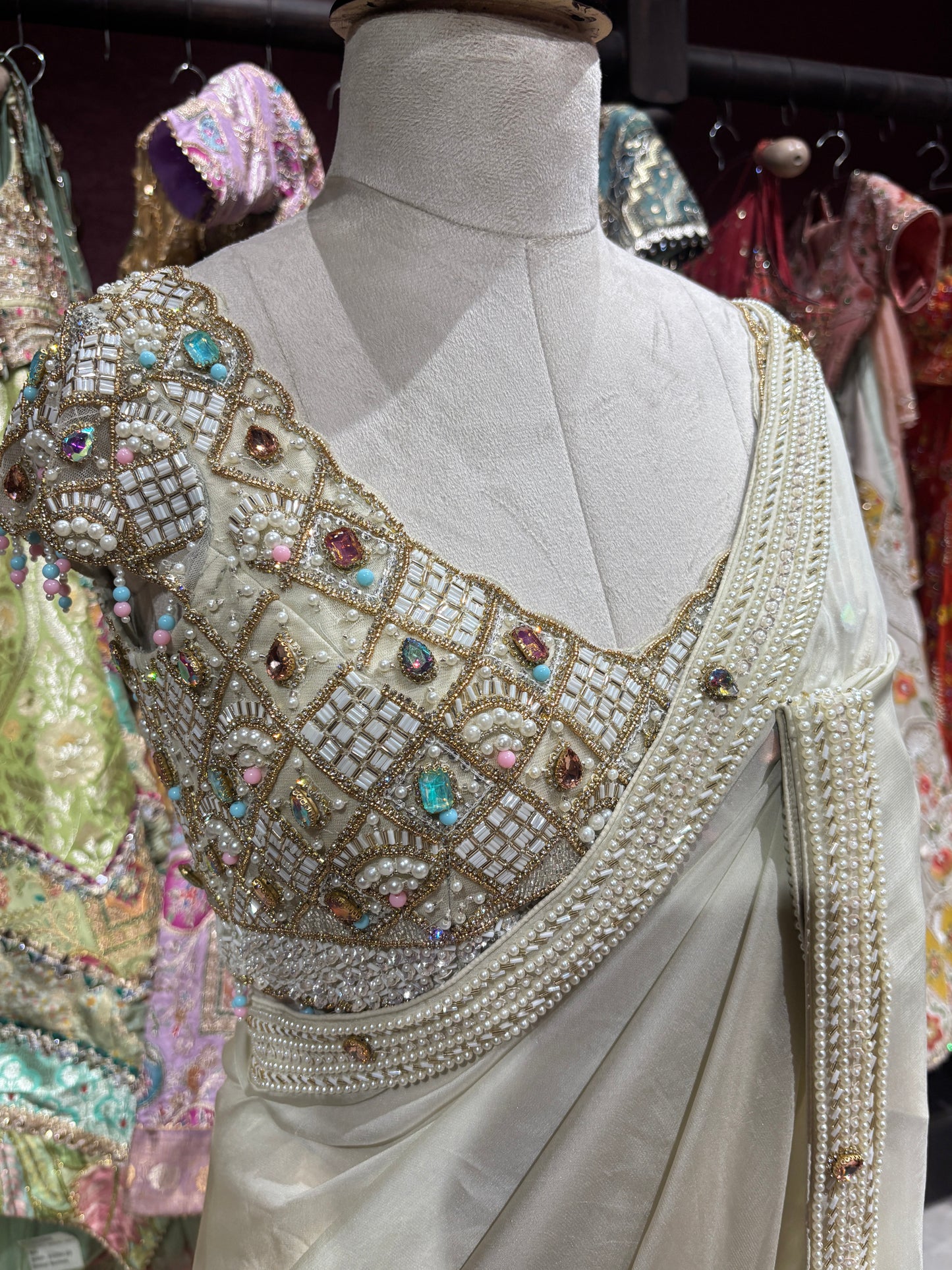 Designer Cream Saree with Mirror Work Blouse