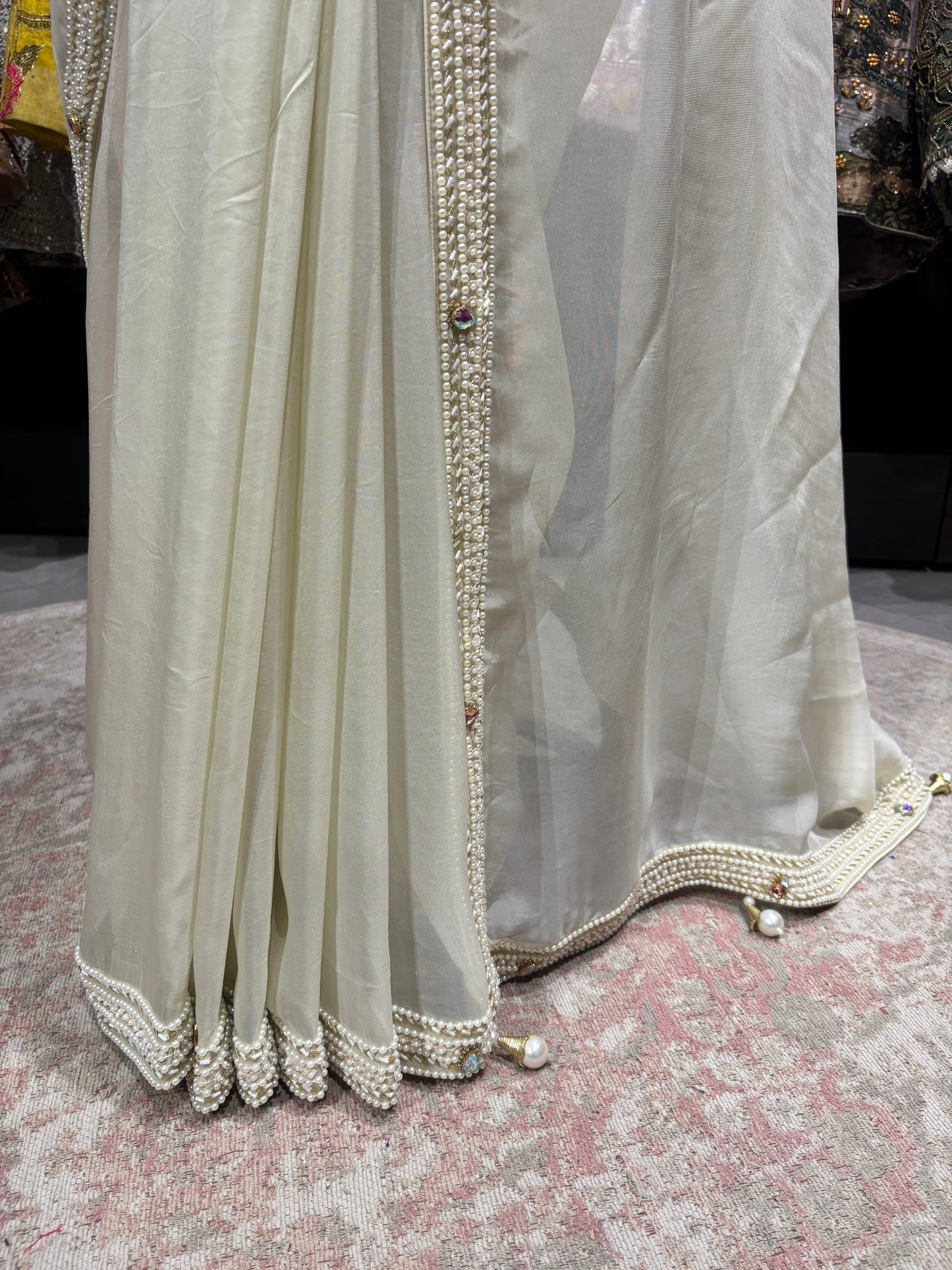 Designer Cream Saree with Mirror Work Blouse