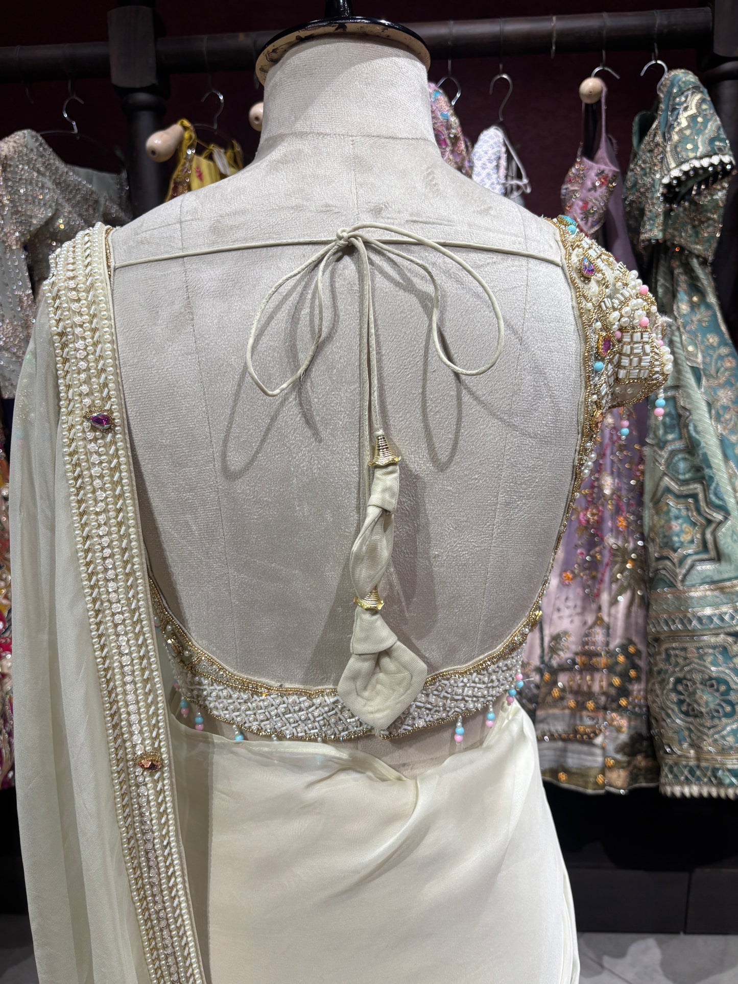 Designer Cream Saree with Mirror Work Blouse