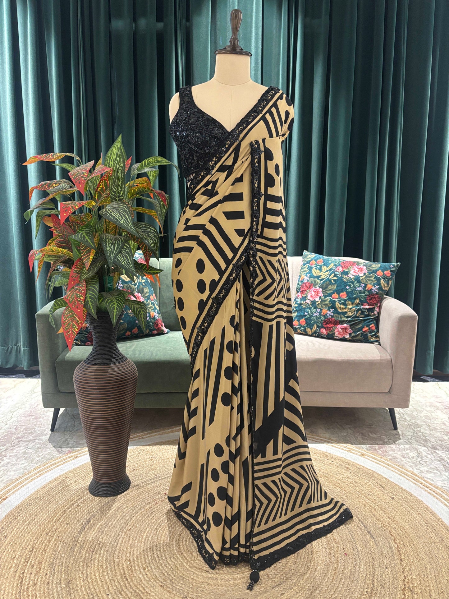 Golden Printed Saree with Sequin Embroidered Blouse