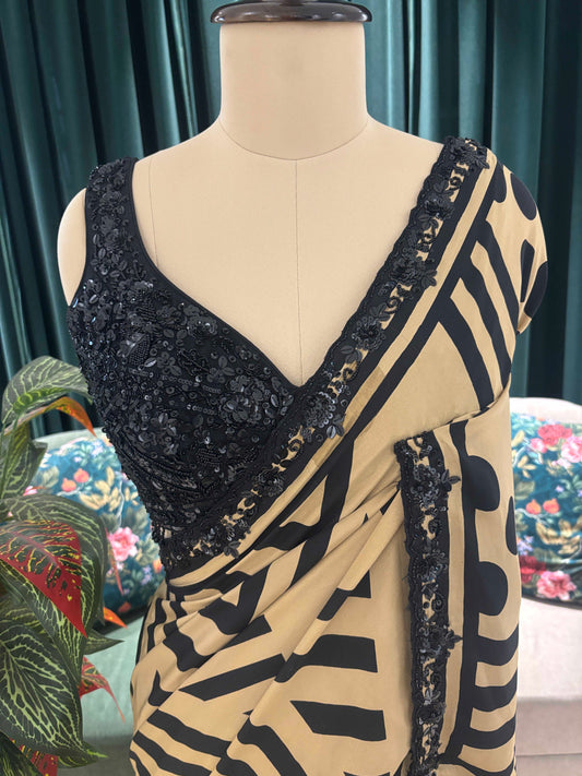 Golden Printed Saree with Sequin Embroidered Blouse