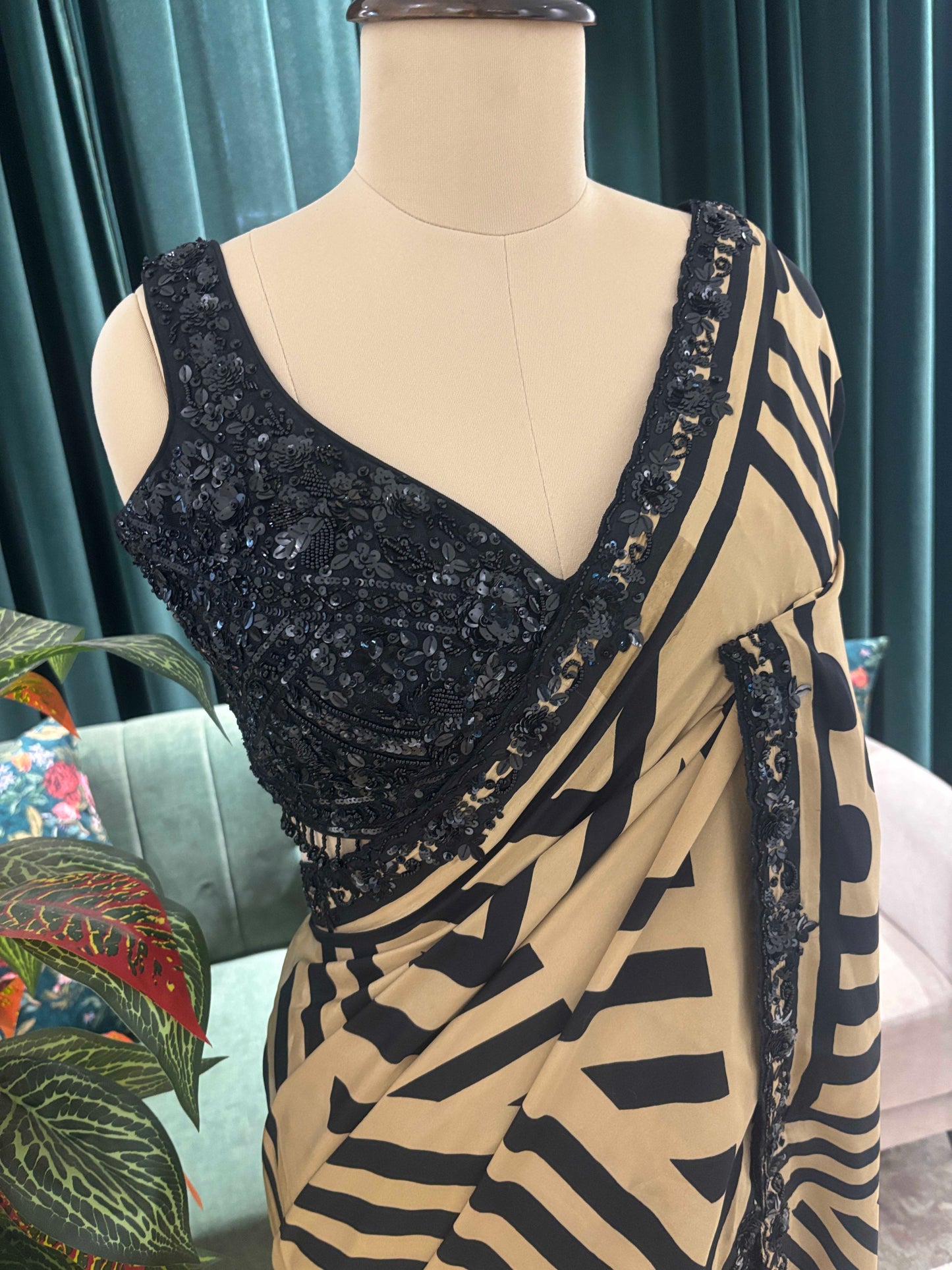 Golden Printed Saree with Sequin Embroidered Blouse