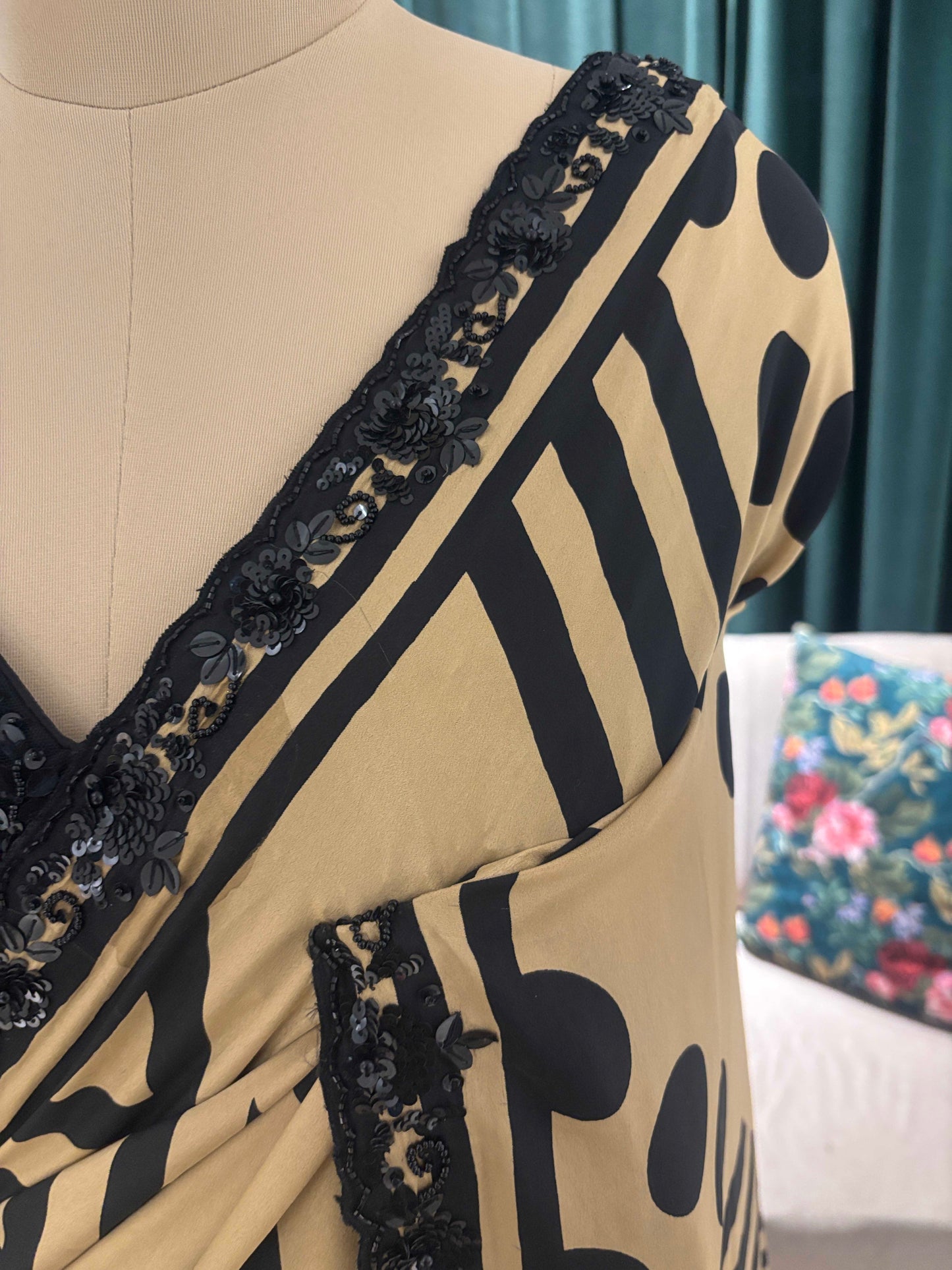 Golden Printed Saree with Sequin Embroidered Blouse