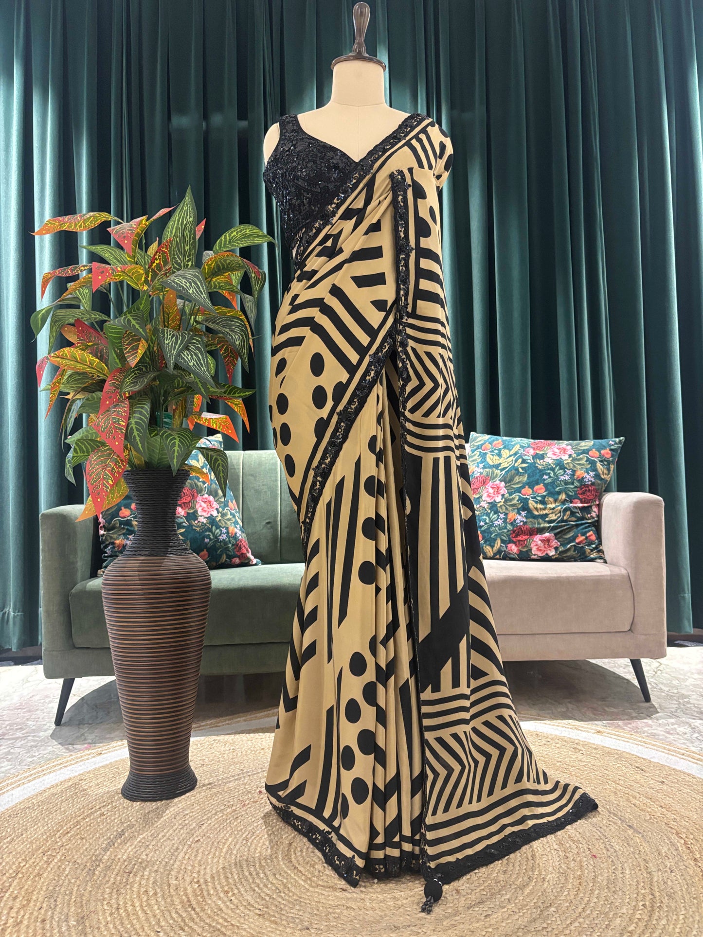 Golden Printed Saree with Sequin Embroidered Blouse