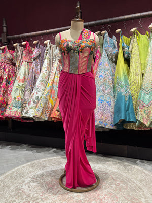 Hot Pink Drape Saree with Floral Embroidered Designer Blouse