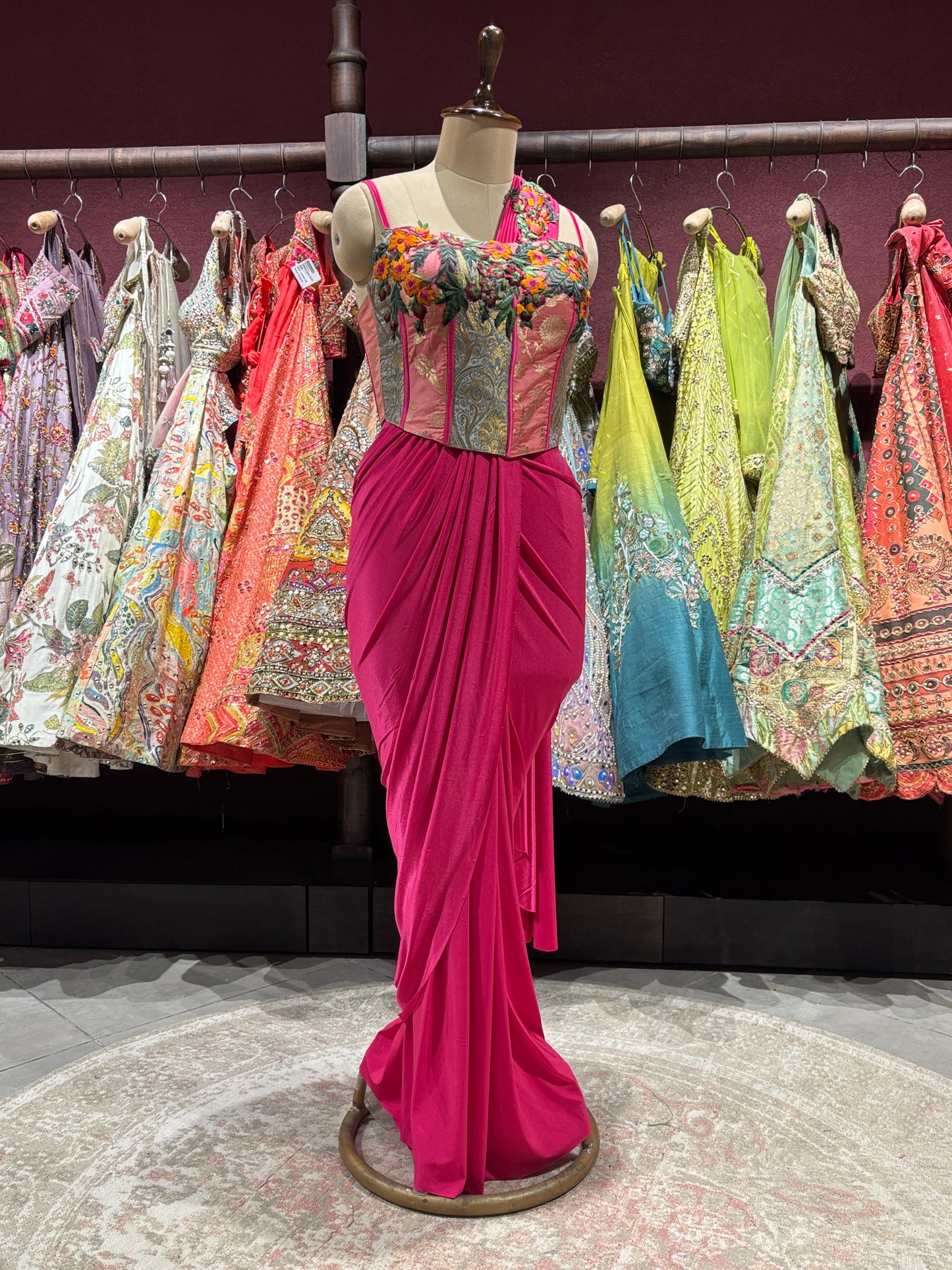 Hot Pink Drape Saree with Floral Embroidered Designer Blouse