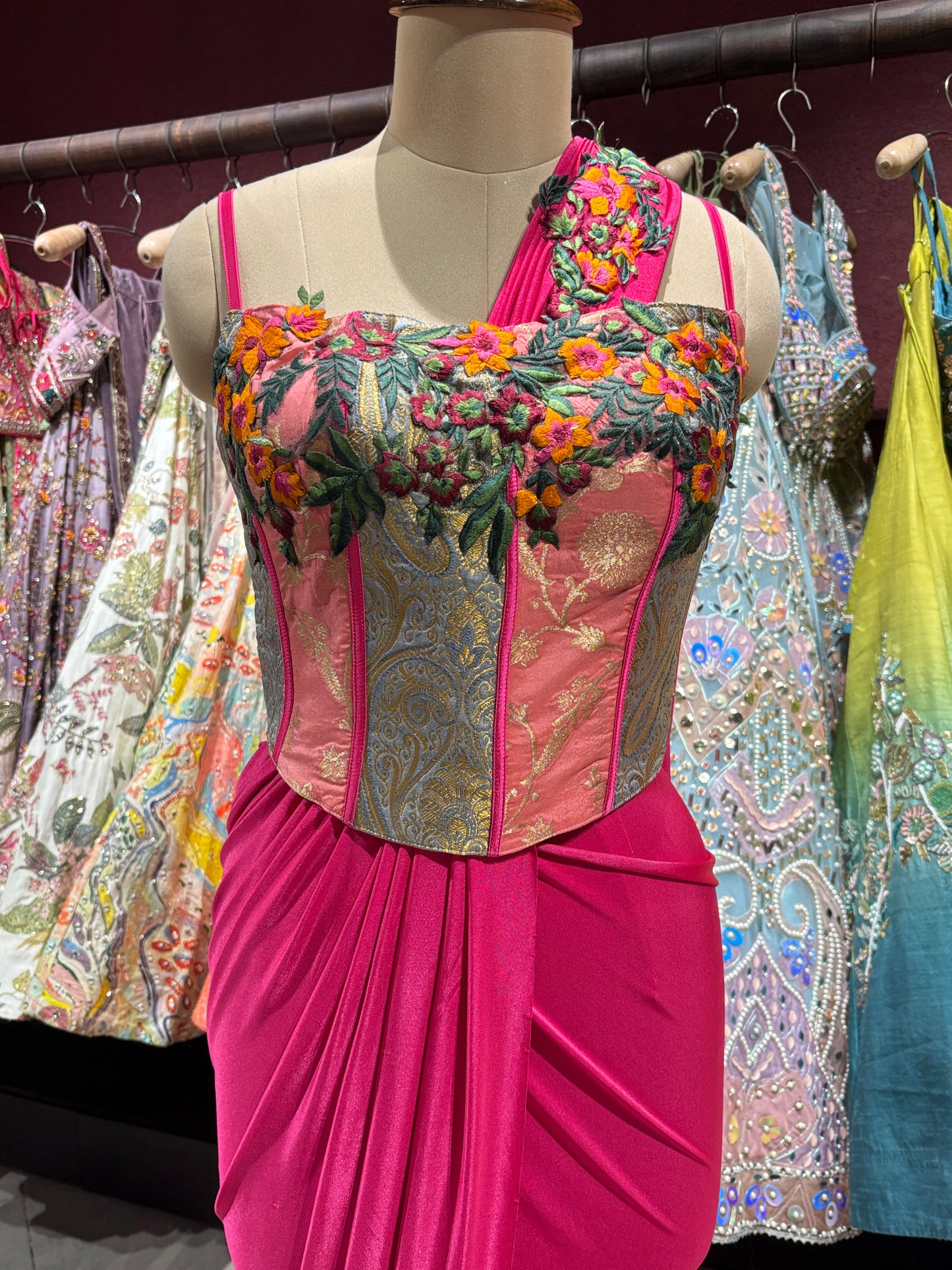 Hot Pink Drape Saree with Floral Embroidered Designer Blouse