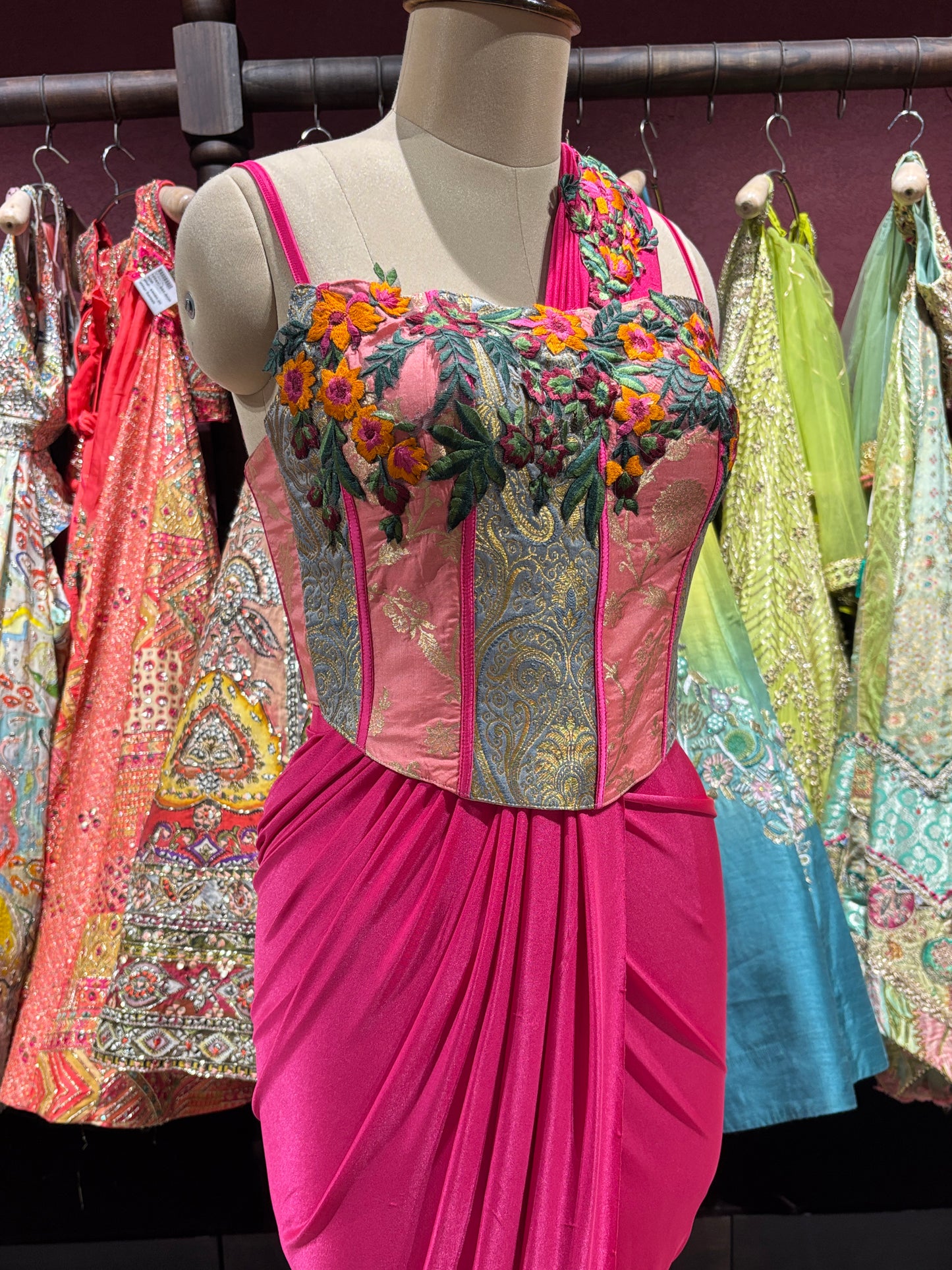 Hot Pink Drape Saree with Floral Embroidered Designer Blouse