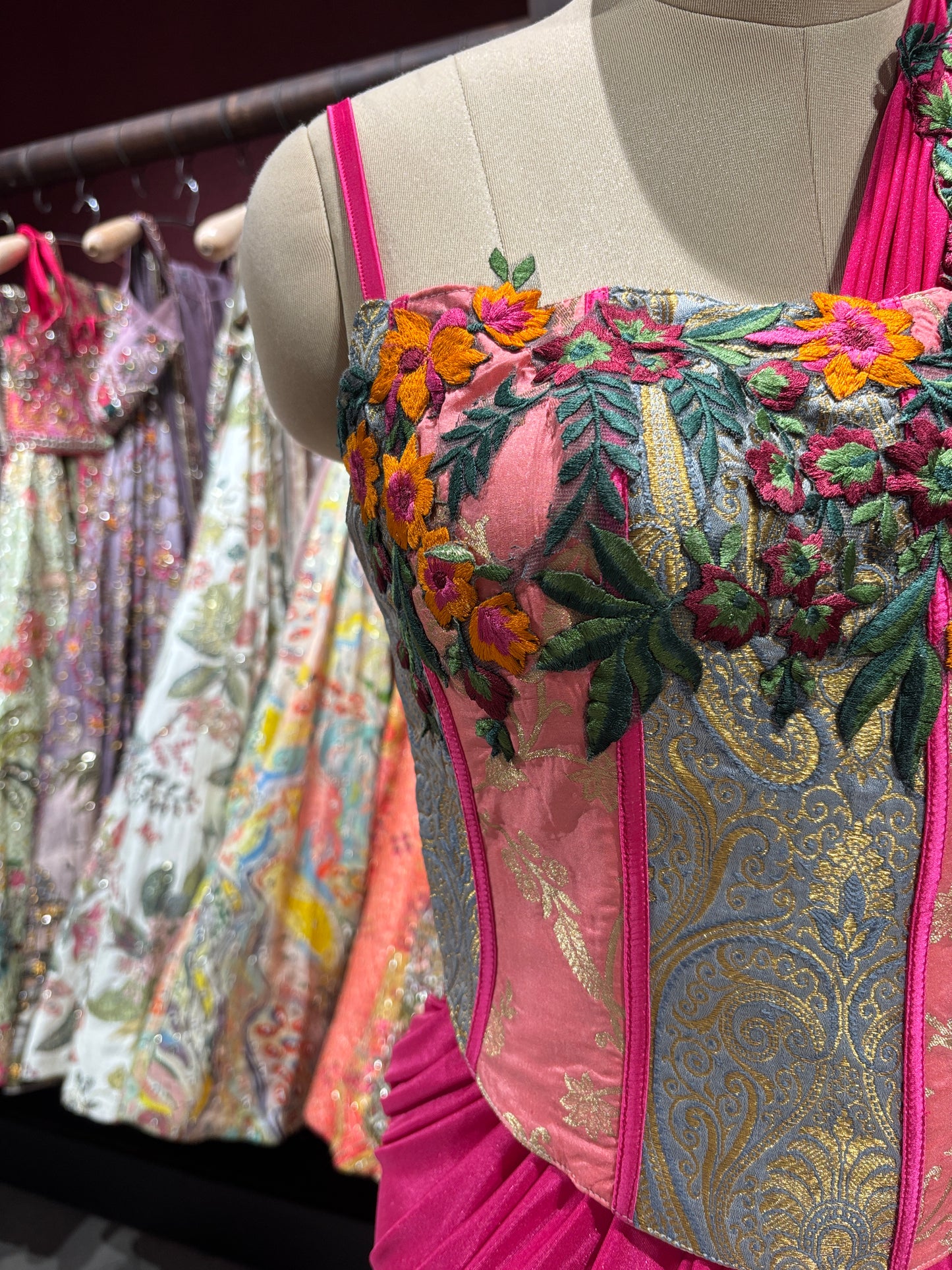 Hot Pink Drape Saree with Floral Embroidered Designer Blouse