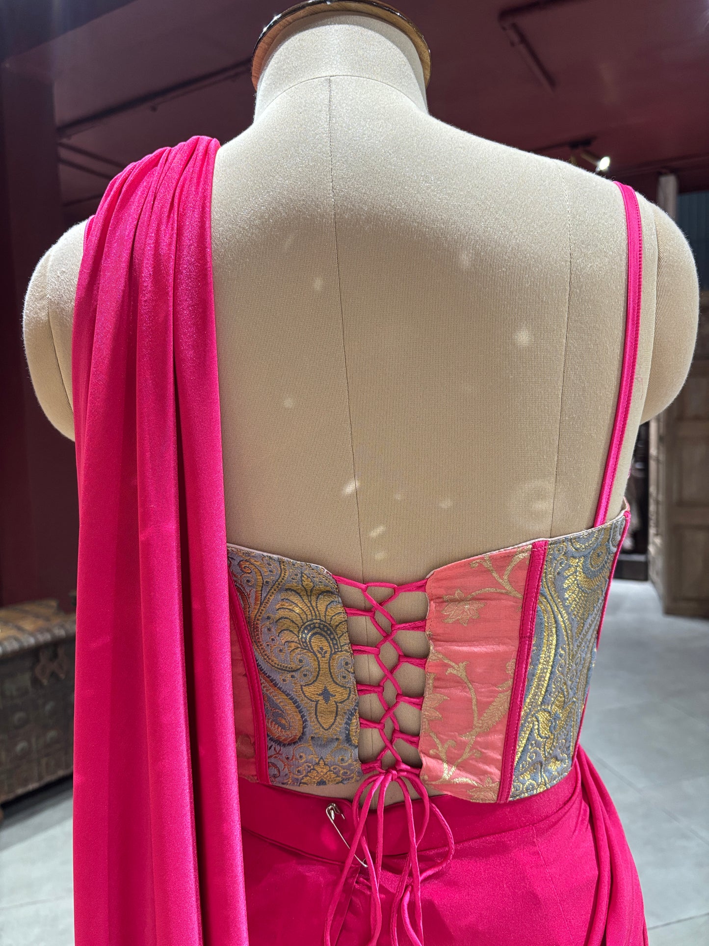 Hot Pink Drape Saree with Floral Embroidered Designer Blouse