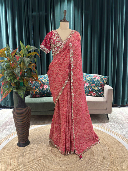 Dusty Rose Bandhani Saree with Embroidered Border