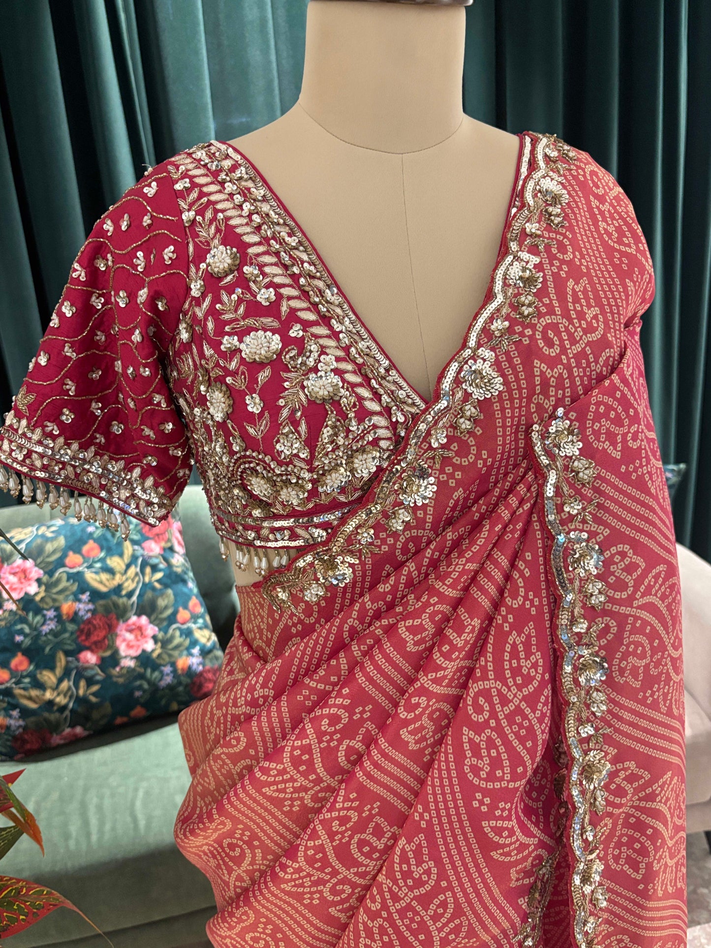 Dusty Rose Bandhani Saree with Embroidered Border