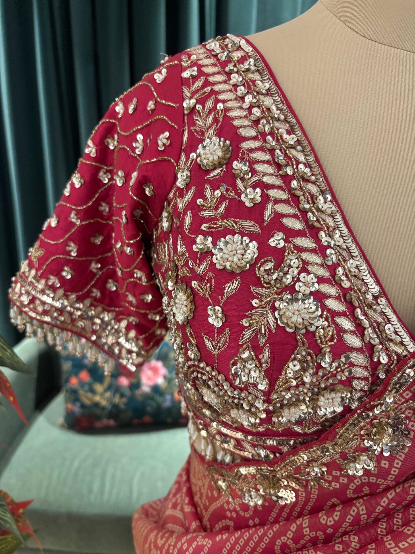 Dusty Rose Bandhani Saree with Embroidered Border