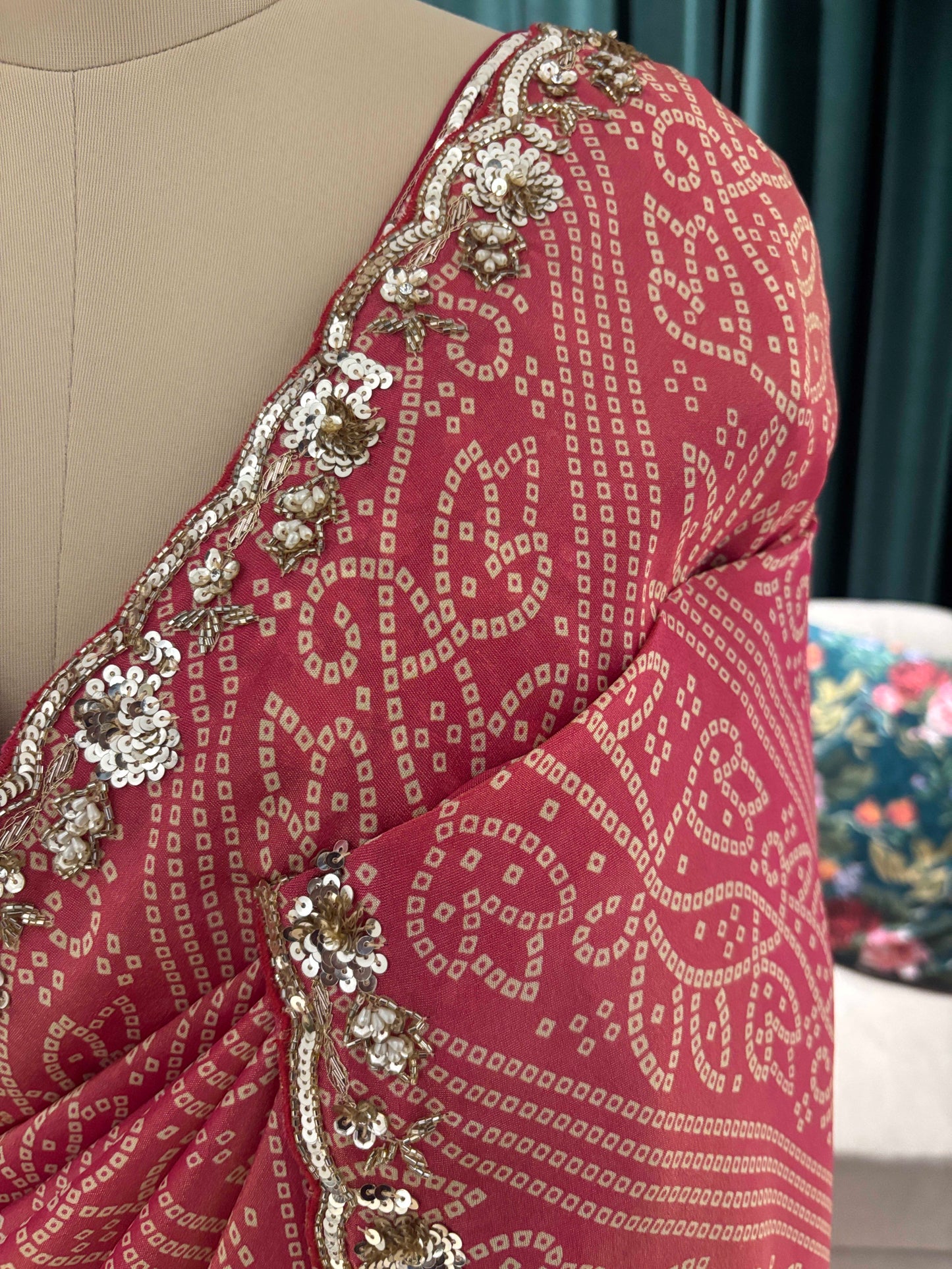Dusty Rose Bandhani Saree with Embroidered Border