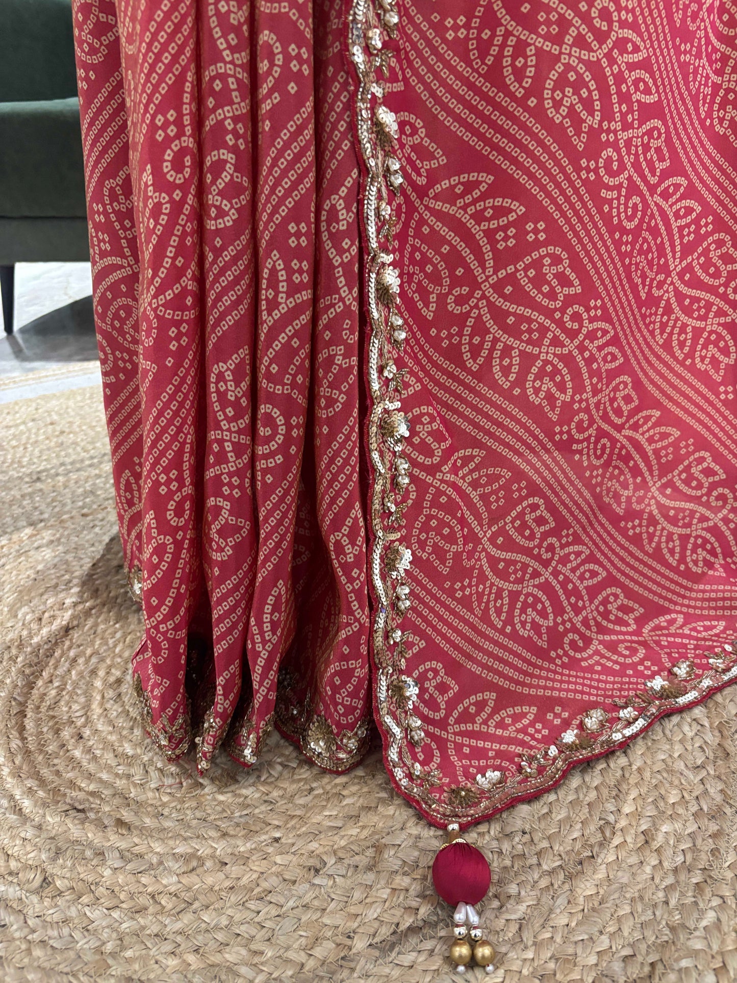 Dusty Rose Bandhani Saree with Embroidered Border