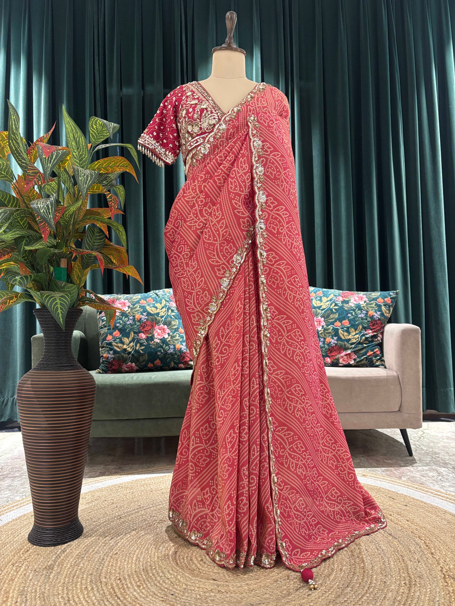 Dusty Rose Bandhani Saree with Embroidered Border