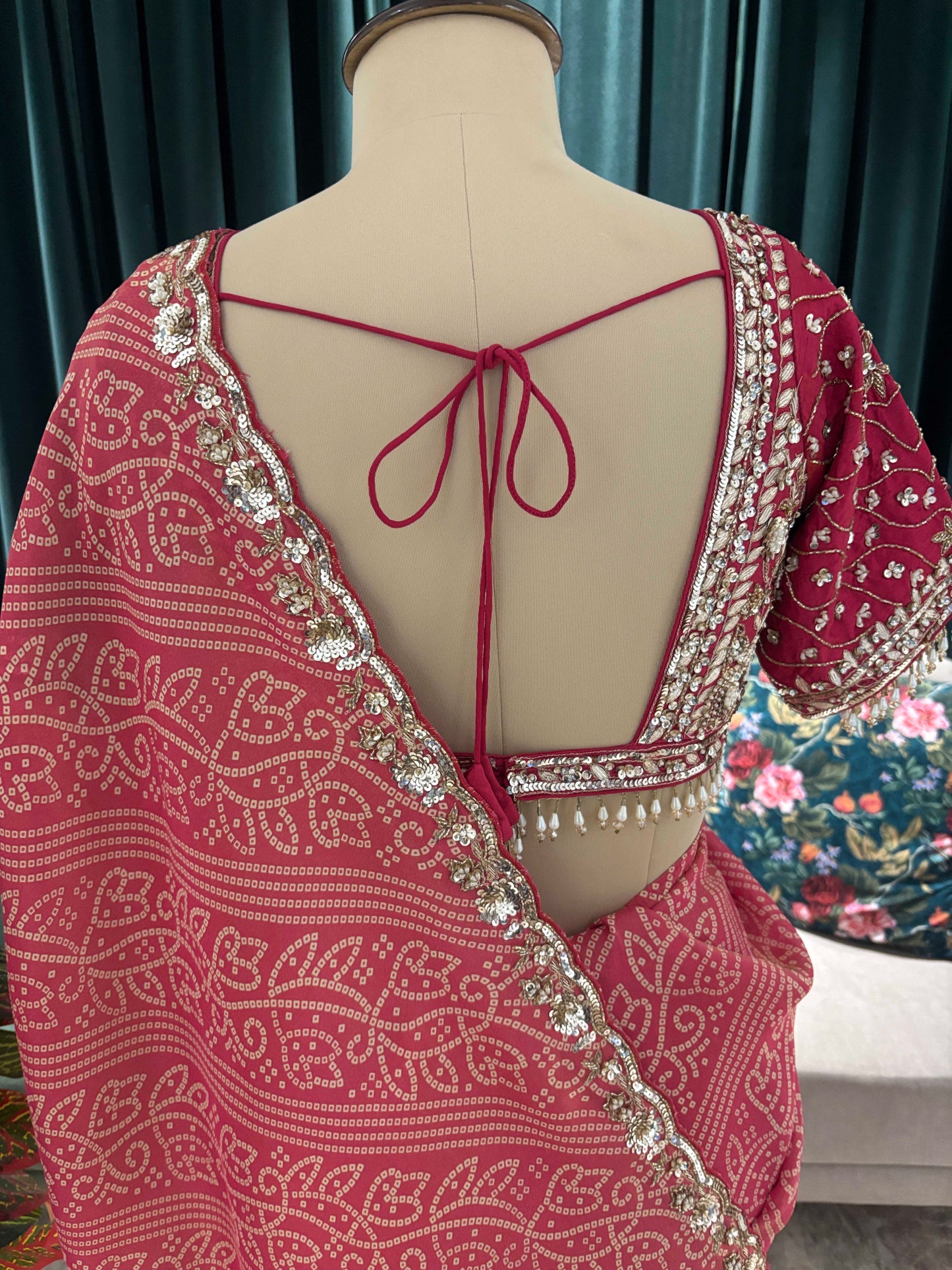 Dusty Rose Bandhani Saree with Embroidered Border