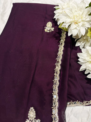 Wine Laser Tissue Saree with Handcrafted Stone & Pearl Border