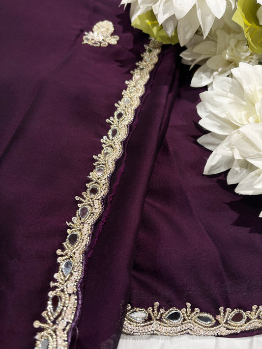 Wine Laser Tissue Saree with Handcrafted Stone & Pearl Border
