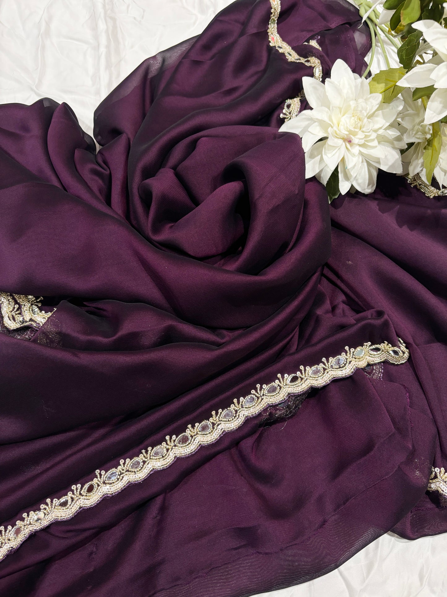 Wine Laser Tissue Saree with Handcrafted Stone & Pearl Border