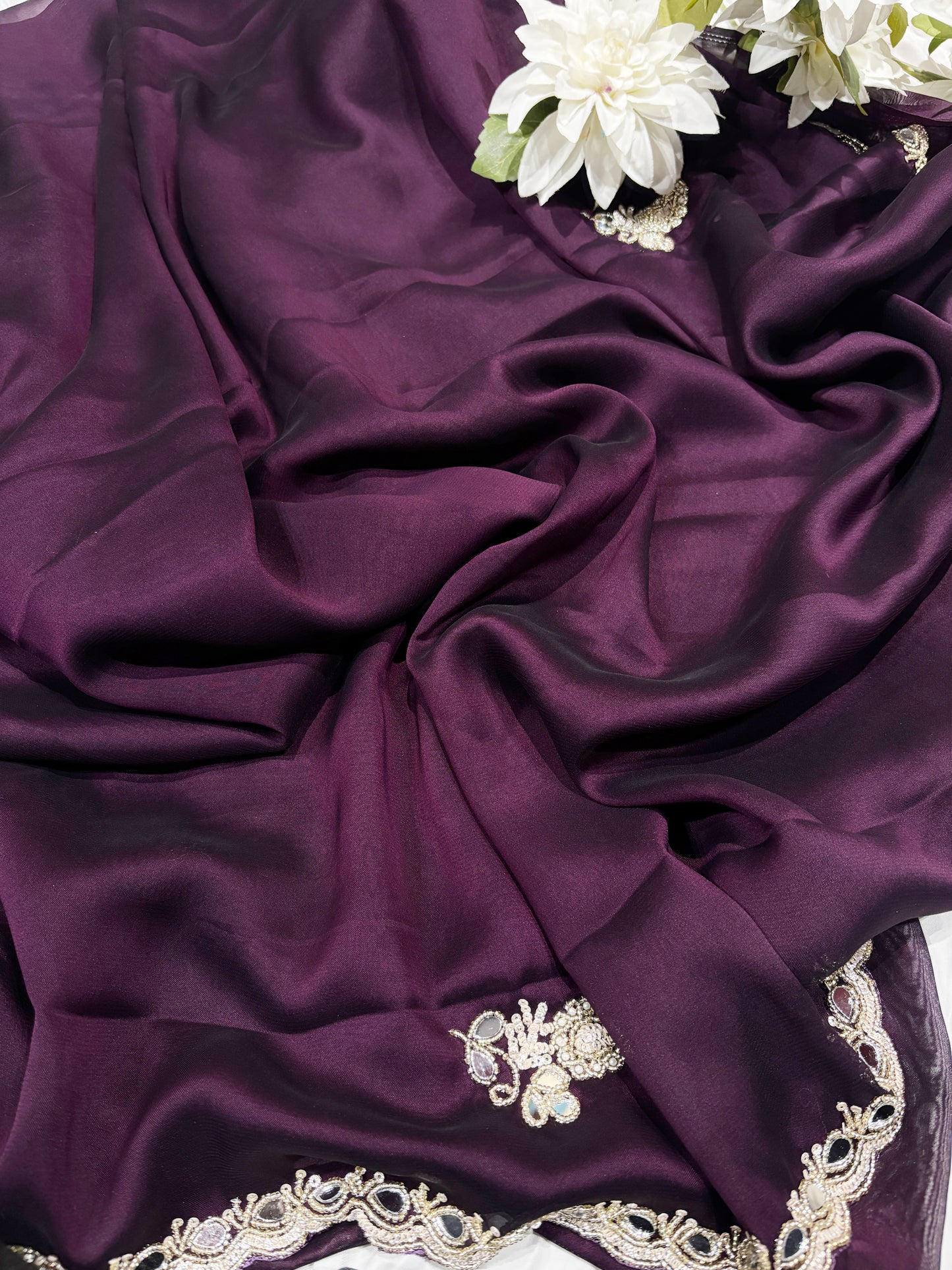 Wine Laser Tissue Saree with Handcrafted Stone & Pearl Border