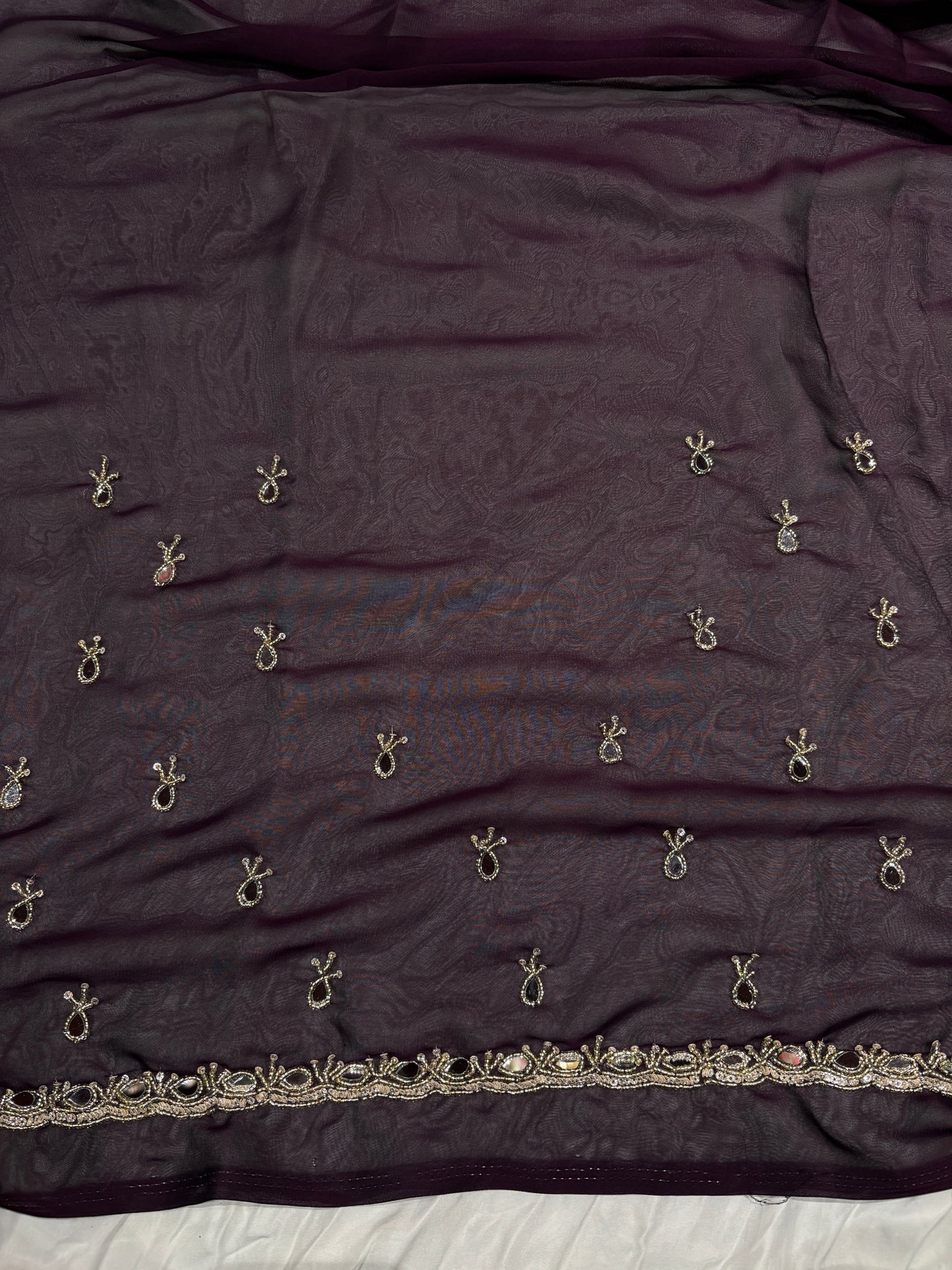 Wine Laser Tissue Saree with Handcrafted Stone & Pearl Border