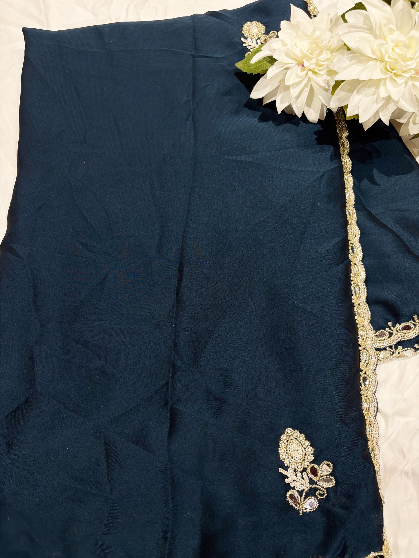 Navy Blue Laser Tissue Saree with Handcrafted Stone & Pearl Border