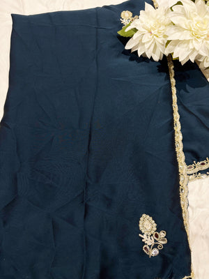 Navy Blue Laser Tissue Saree with Handcrafted Stone & Pearl Border