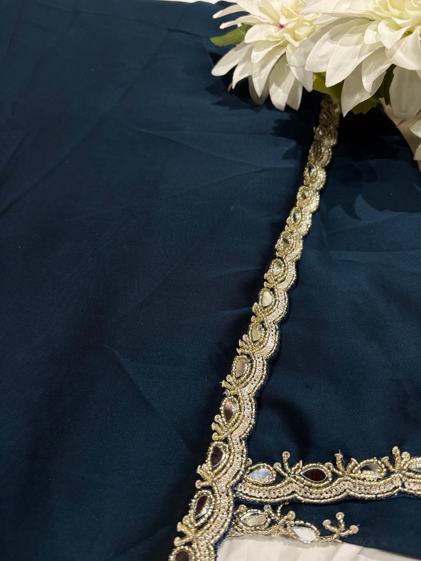 Navy Blue Laser Tissue Saree with Handcrafted Stone & Pearl Border