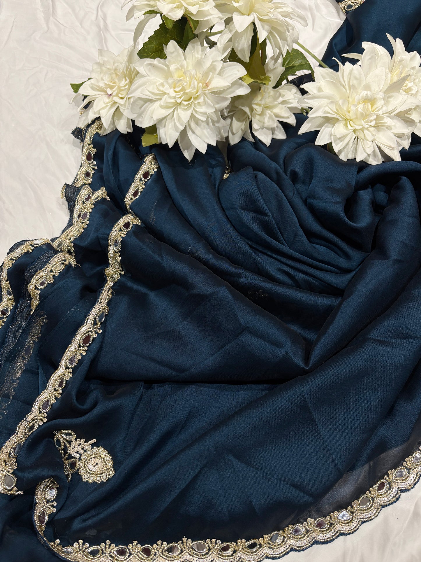 Navy Blue Laser Tissue Saree with Handcrafted Stone & Pearl Border