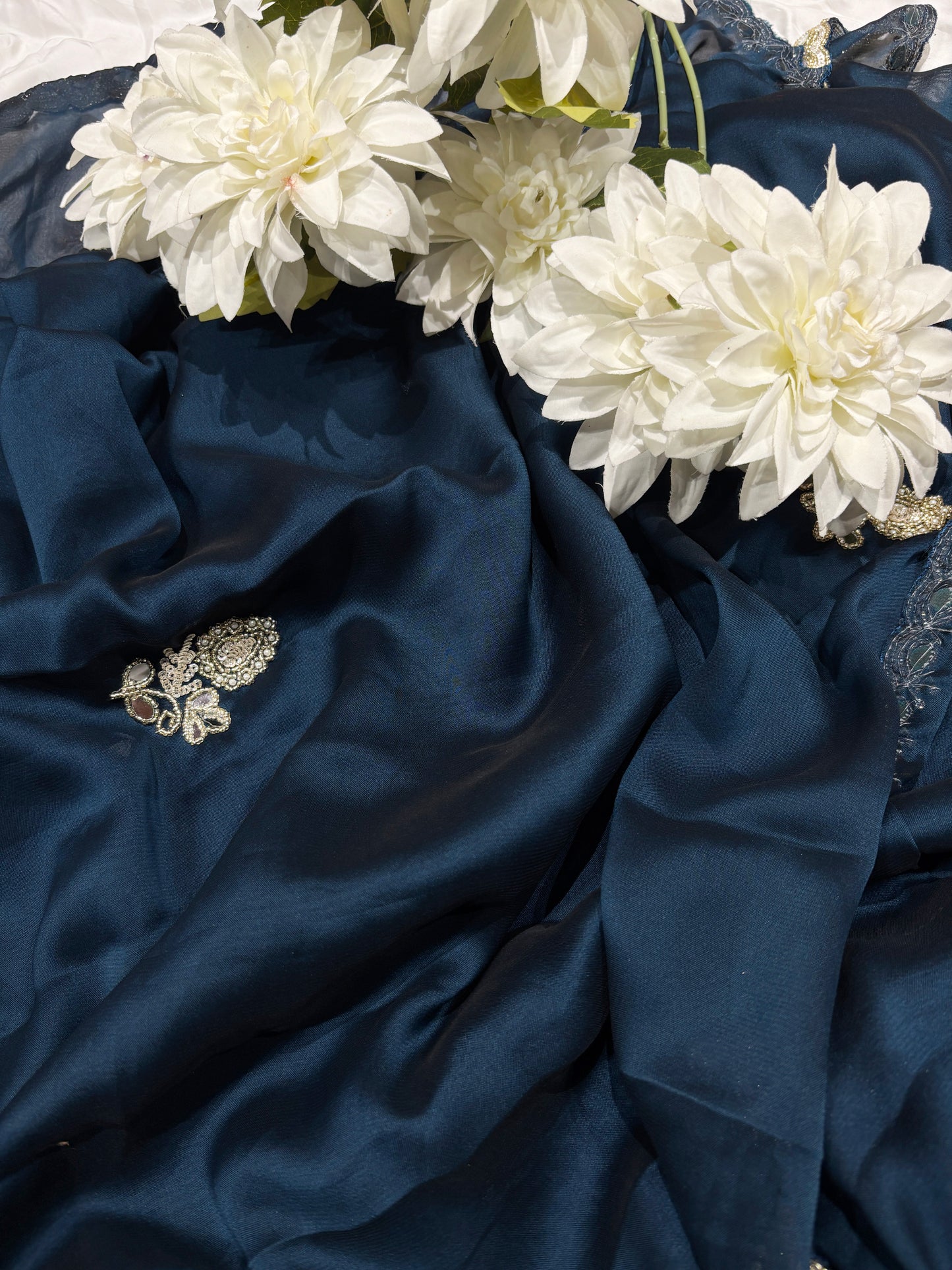 Navy Blue Laser Tissue Saree with Handcrafted Stone & Pearl Border