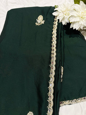 Emerald Green Laser Tissue Saree with Handcrafted Stone & Pearl Border