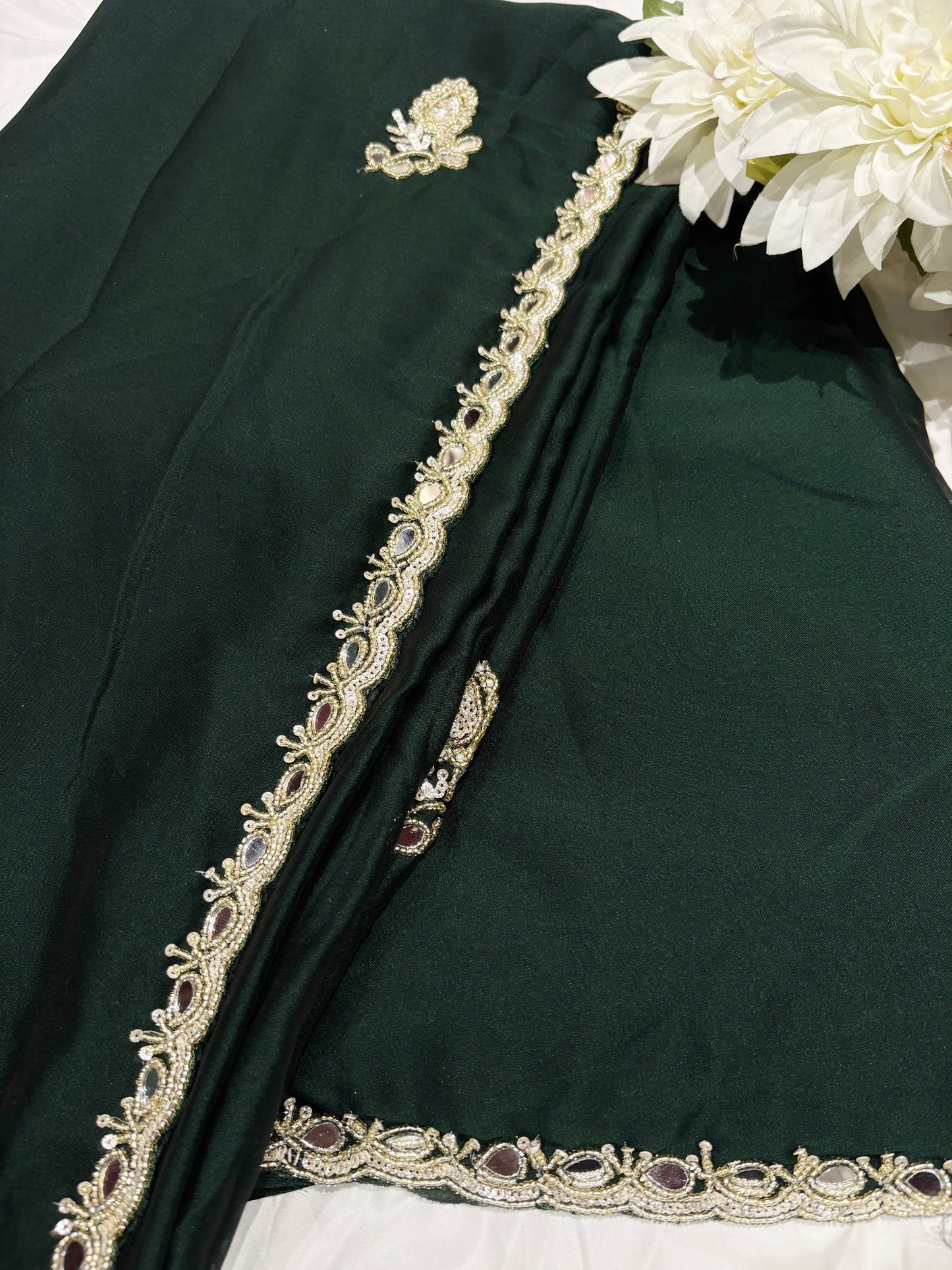 Emerald Green Laser Tissue Saree with Handcrafted Stone & Pearl Border