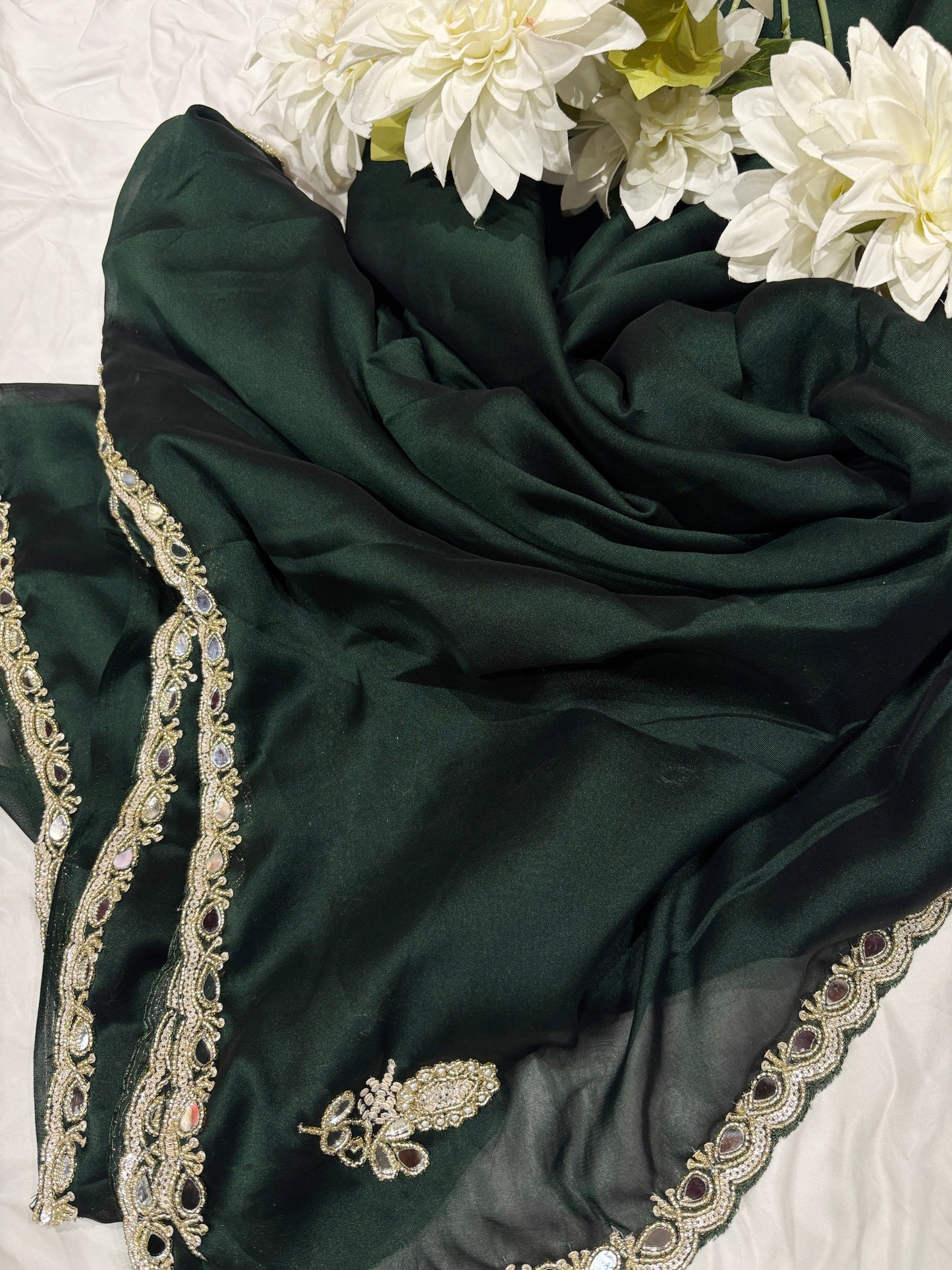 Emerald Green Laser Tissue Saree with Handcrafted Stone & Pearl Border