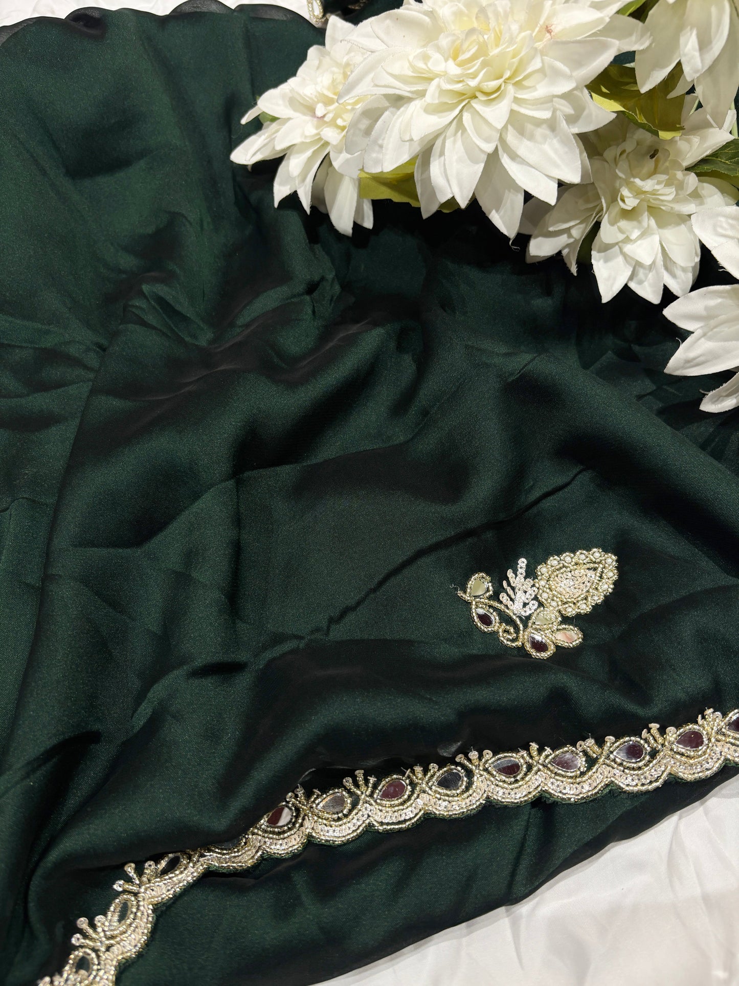 Emerald Green Laser Tissue Saree with Handcrafted Stone & Pearl Border