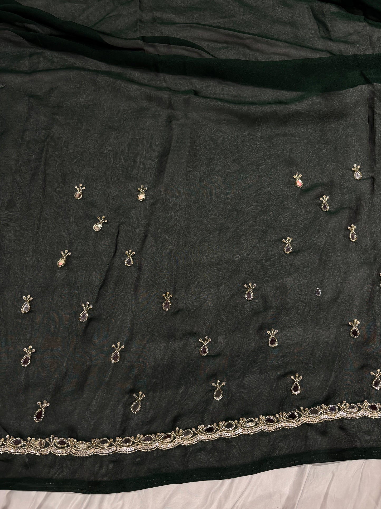 Emerald Green Laser Tissue Saree with Handcrafted Stone & Pearl Border
