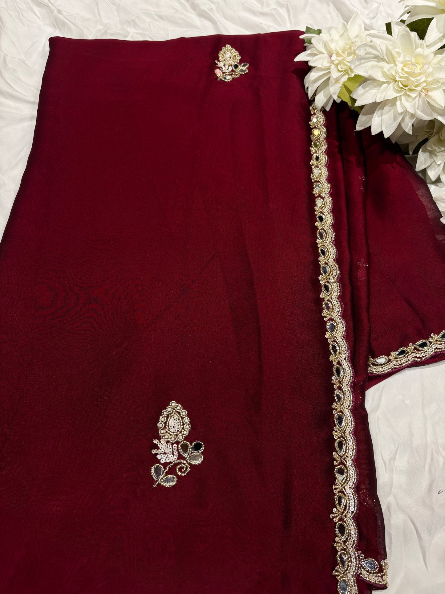 Rust Laser Tissue Saree with Handcrafted Stone & Pearl Border