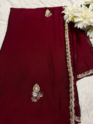 Rust Laser Tissue Saree with Handcrafted Stone & Pearl Border
