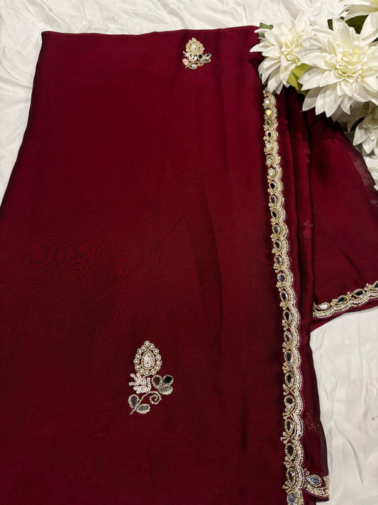 Rust Laser Tissue Saree with Handcrafted Stone & Pearl Border
