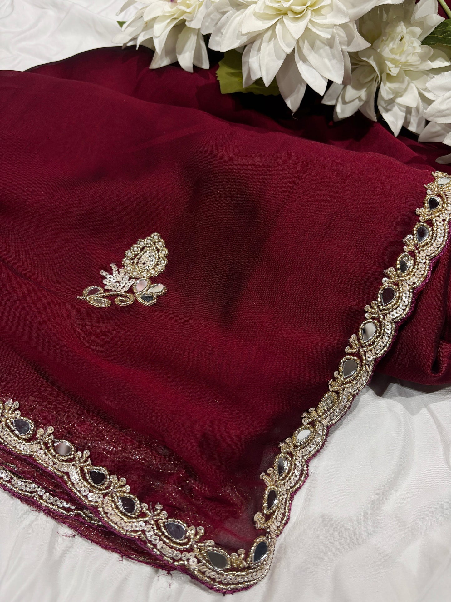 Rust Laser Tissue Saree with Handcrafted Stone & Pearl Border