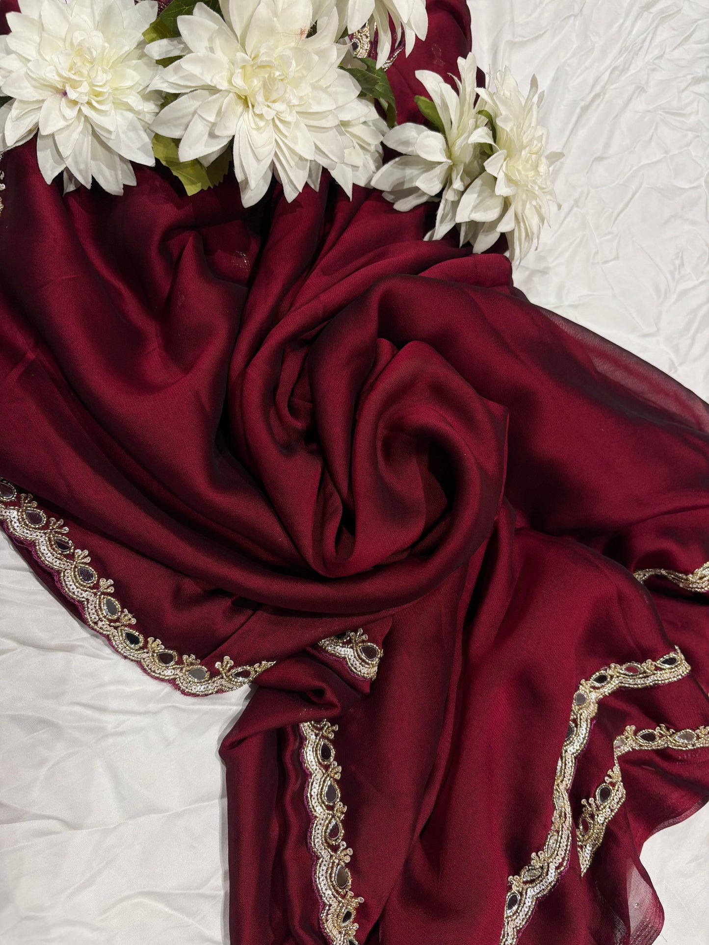 Rust Laser Tissue Saree with Handcrafted Stone & Pearl Border