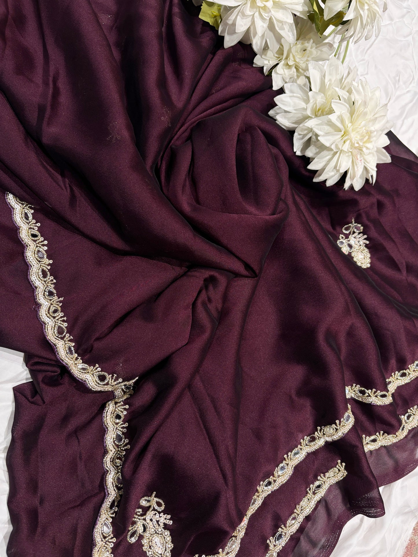 Maroon Laser Tissue Saree with Handcrafted Stone & Pearl Border