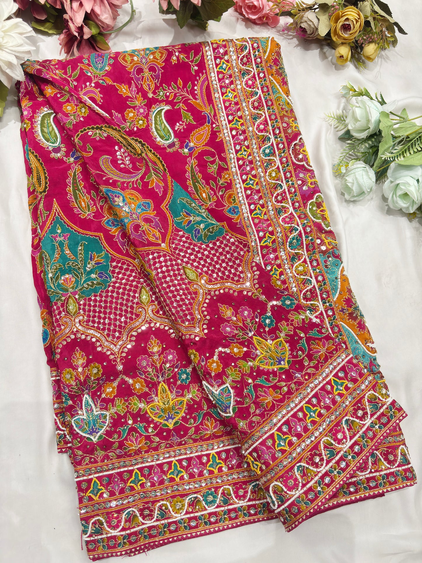 Silk Rani Pink Designer Embroidered Saree with Heavy Work Blouse