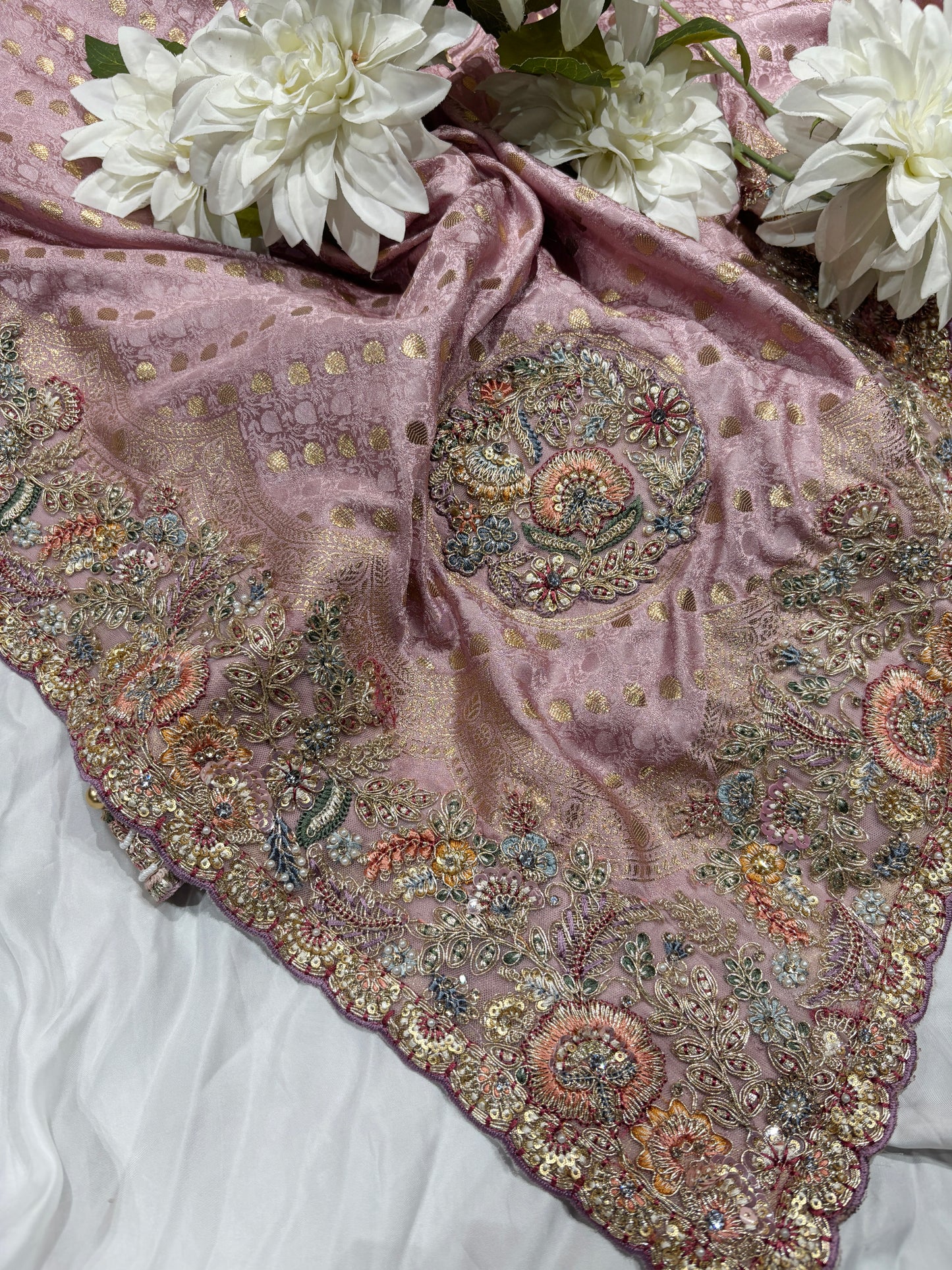 Pink Zari Embroidered Designer Silk Saree with Heavy Border