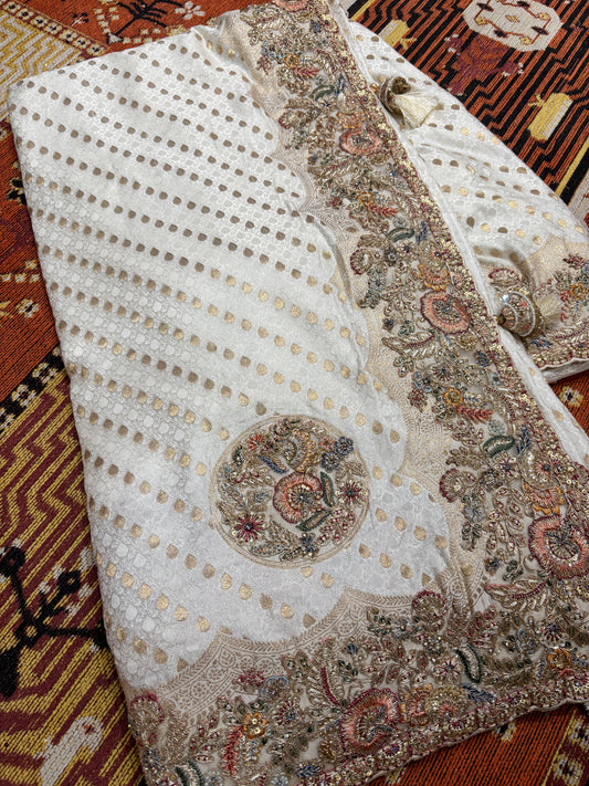 Ivory Zari Embroidered Designer Silk Saree with Heavy Border