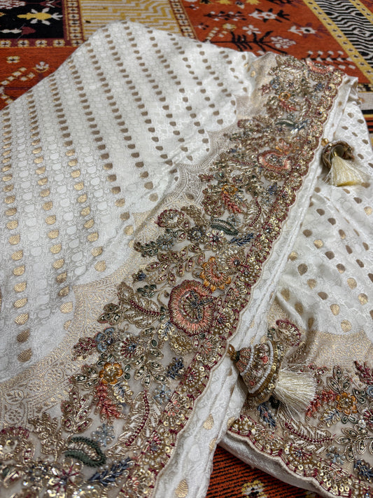 Ivory Zari Embroidered Designer Silk Saree with Heavy Border